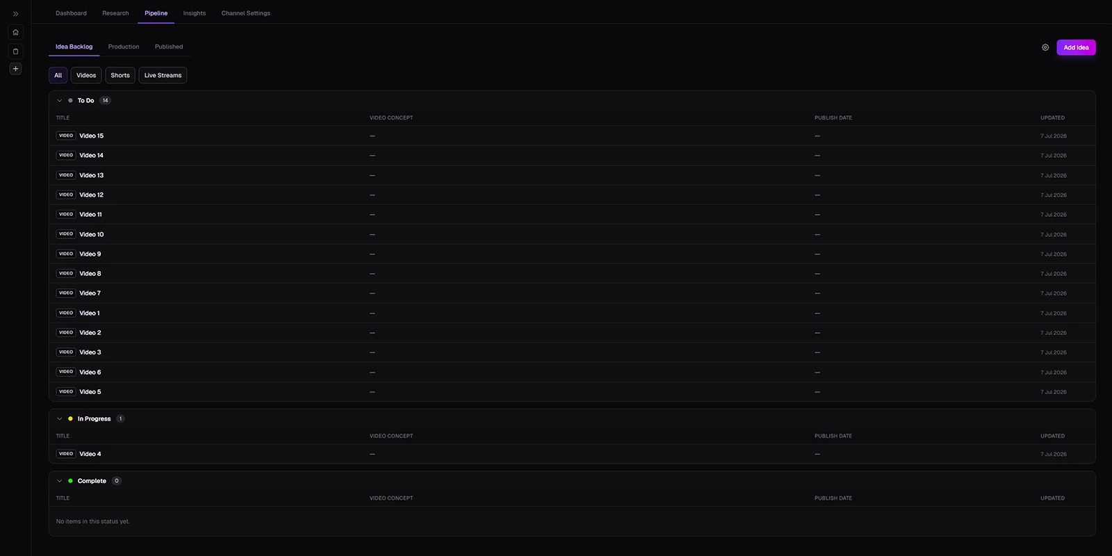 Crescivo idea backlog showing a list of video ideas with priority scores and status indicators