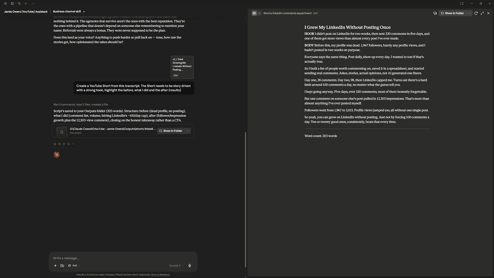 Short-form video scripts being generated from a YouTube video transcript using AI