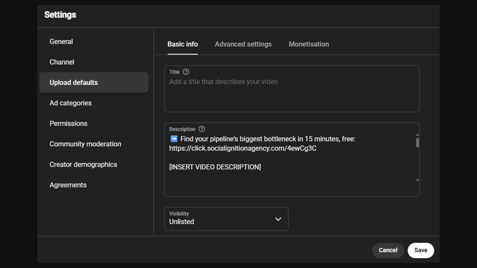 YouTube Studio upload defaults settings showing pre-filled description fields that apply to every new video